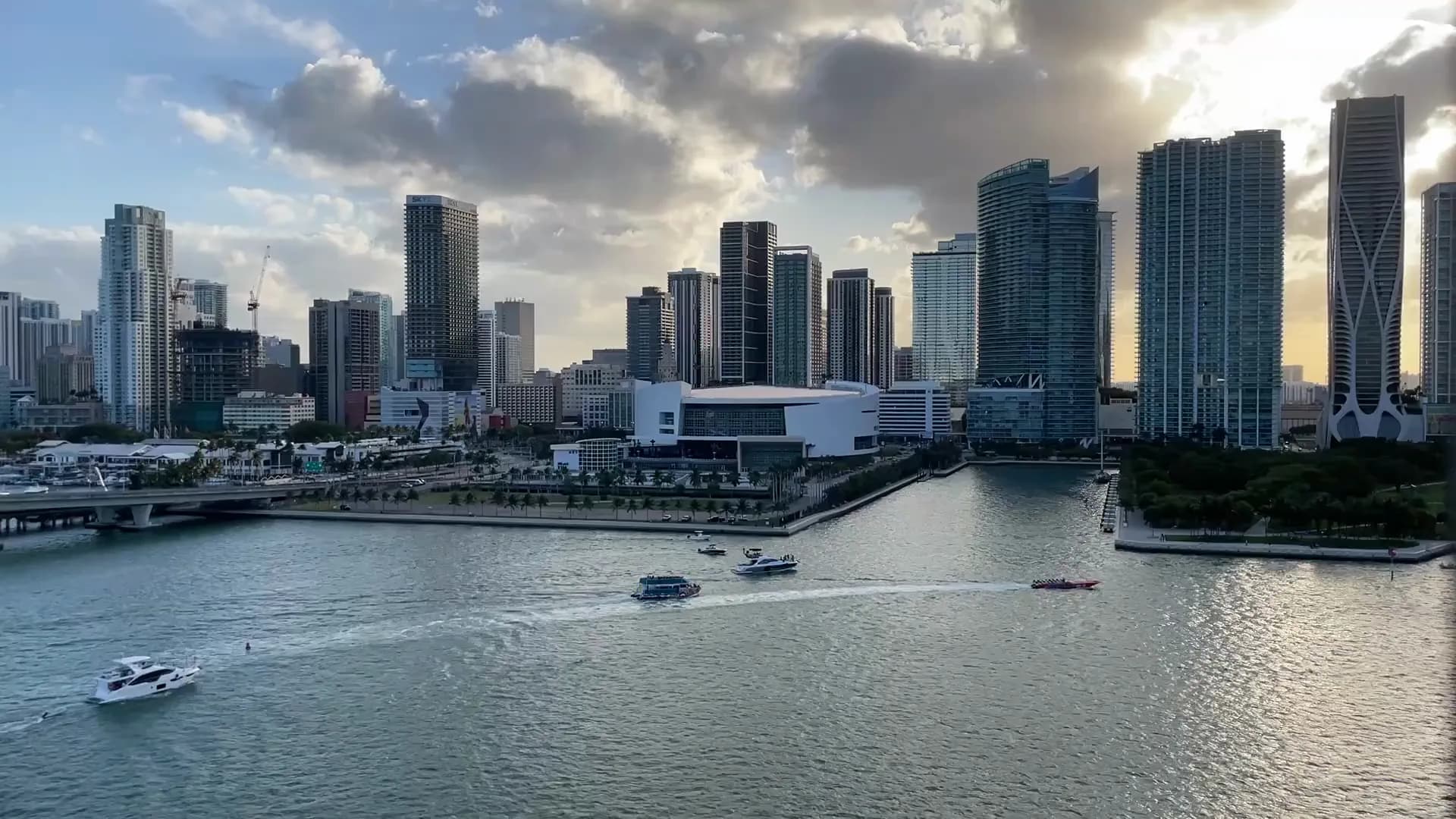 Editorial photograph of a global business hub at golden hour.