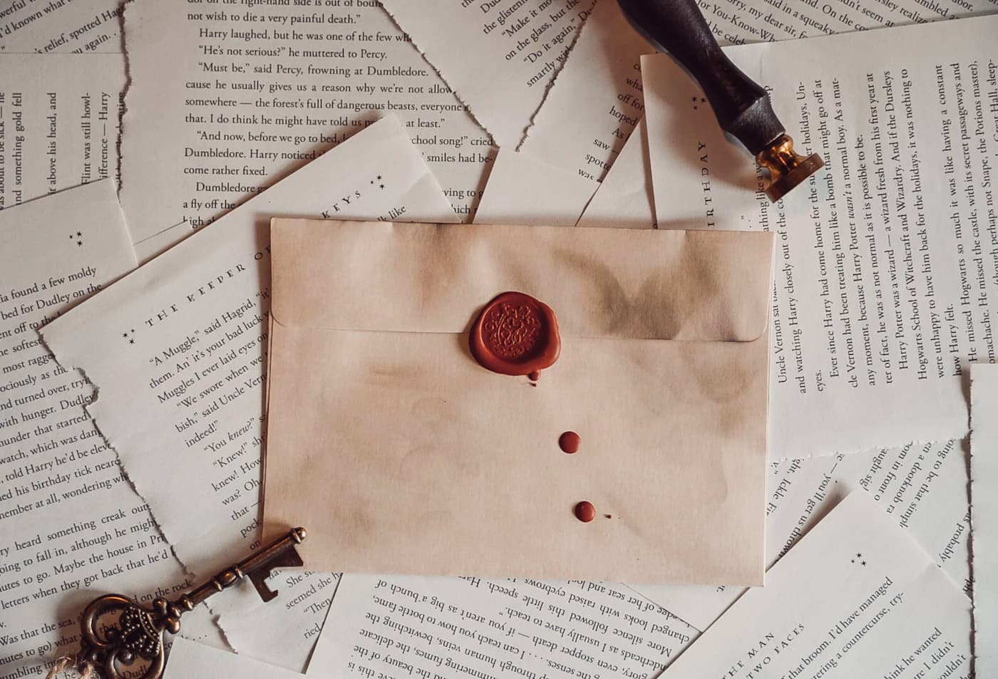 A wax-sealed envelope and brass key on scattered book pages.